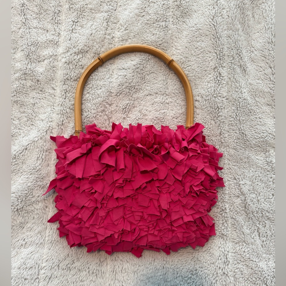 Pink Woven Ribboned Fabric Handbag with Bamboo Handles, great preowned condition